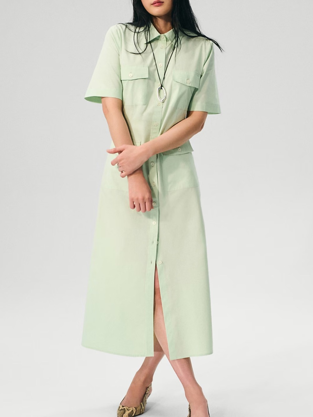 Light Mint Button-Front Midi Shirt Dress